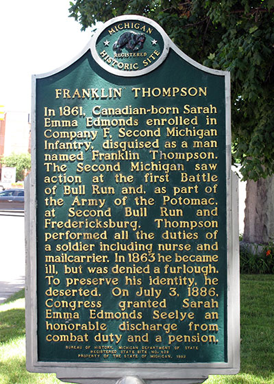 Sarah Emma Edmonds Michigan Historic Marker - Image ©2014 Look Around You Ventures LLC